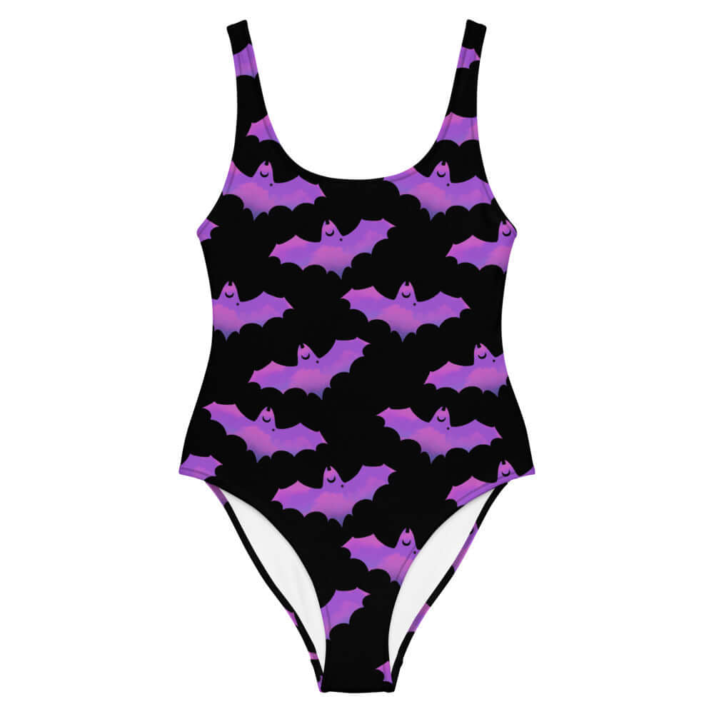 Aensland One-Piece Swimsuit featuring a playful bat and cloud design, perfect for a unique swim style.