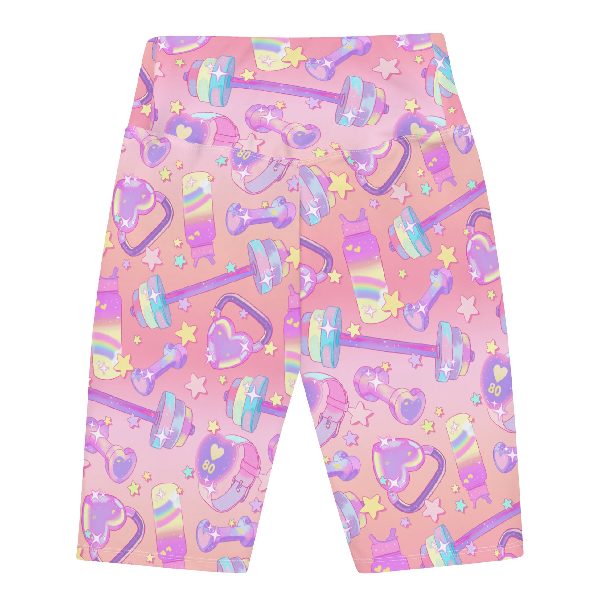 High-waisted Glitter Gains Biker Shorts featuring a vibrant gym-themed design, perfect for workouts and stylish comfort.