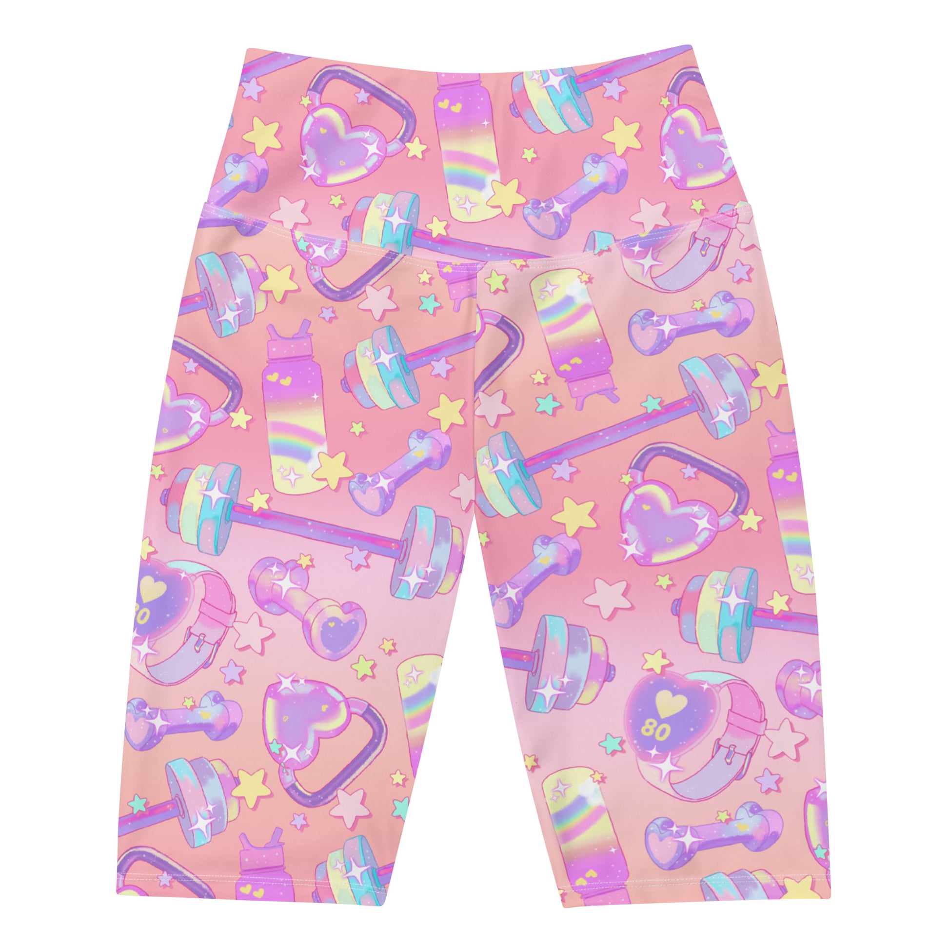 High-waisted Glitter Gains Biker Shorts with a colorful fitness print, perfect for comfort during workouts.