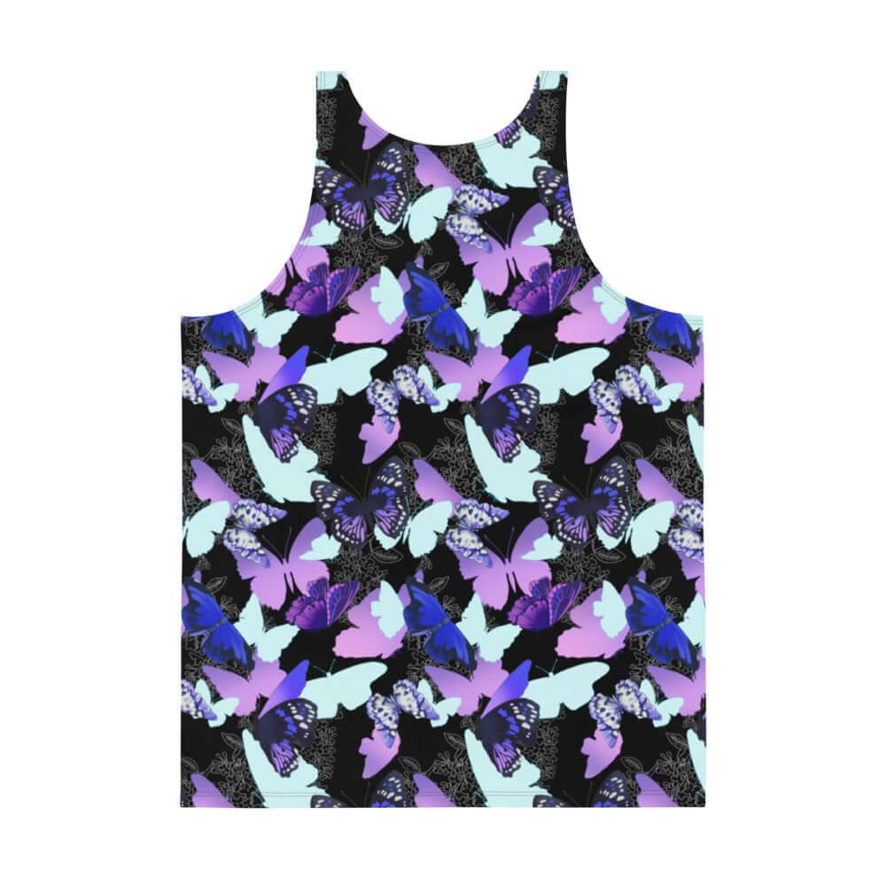 Vibrant Men's Butterfly Tank Top featuring colorful butterfly patterns, soft and stretchy fabric for ultimate comfort.