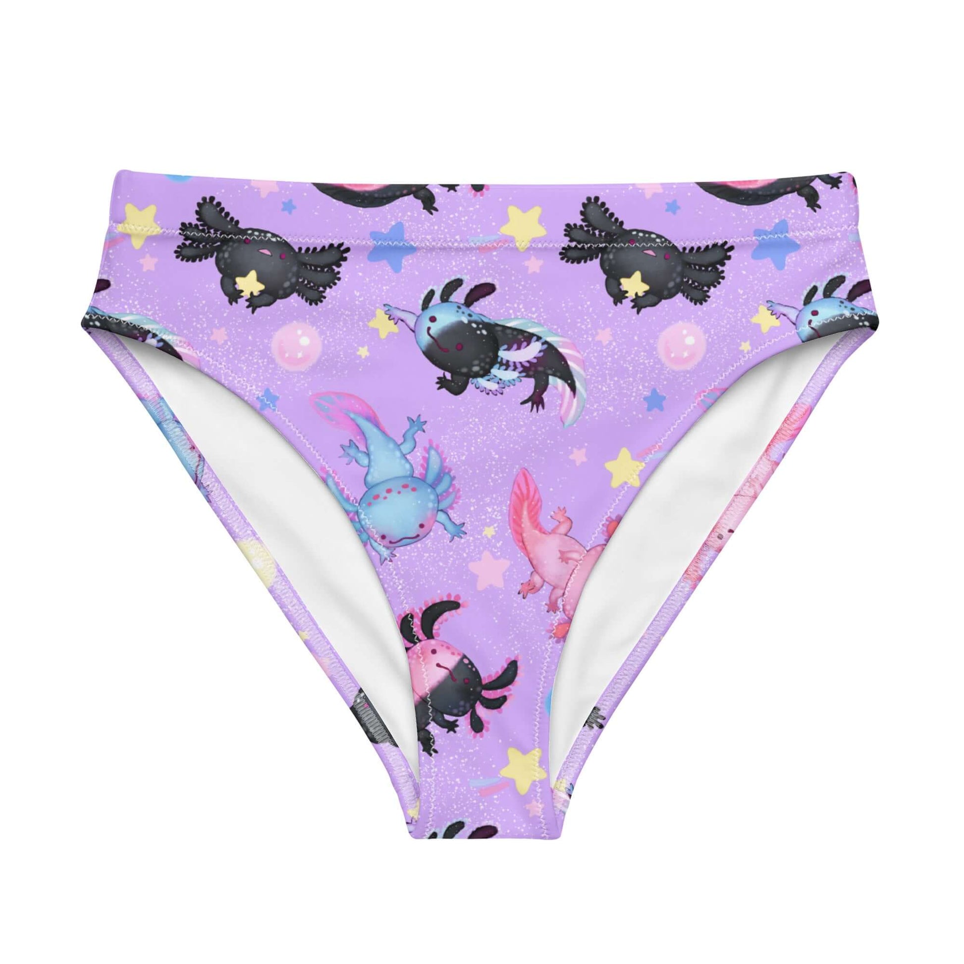 Discover the comfy High-waisted Axolotl Bikini Bottom, perfect for beach adventures and spa days with fun axolotl designs.