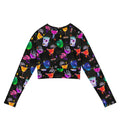 Colorful Monster Party Long-sleeved Crop Top features fun graphics, perfect for eco-friendly athleisure and sportswear.