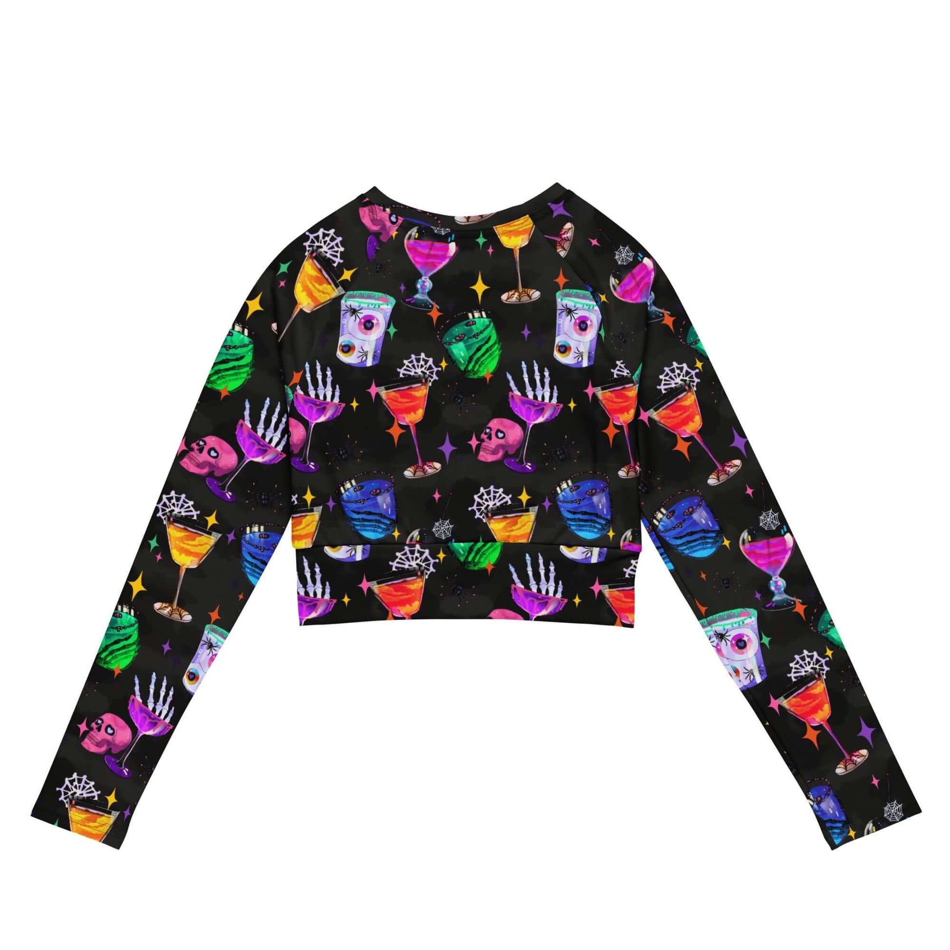 Colorful Monster Party Long-sleeved Crop Top features fun graphics, perfect for eco-friendly athleisure and sportswear.