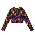 Colorful Monster Party Long-sleeved Crop Top features fun prints, perfect for eco-friendly athleisure and casual wear.