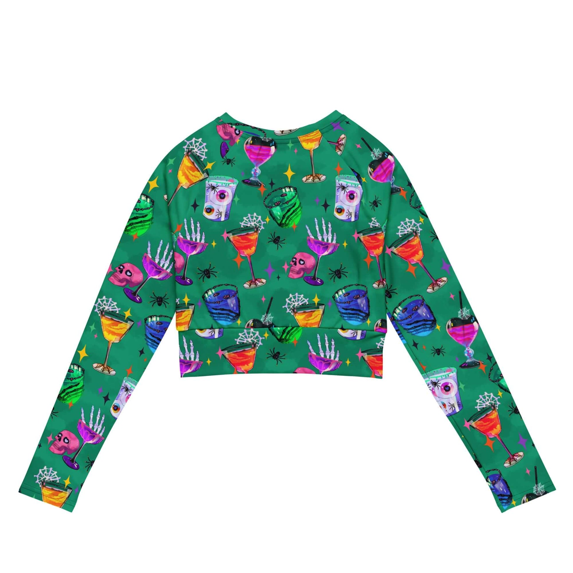Vibrant Monster Party Long-sleeved Crop Top featuring playful prints, perfect for eco-friendly athleisure.
