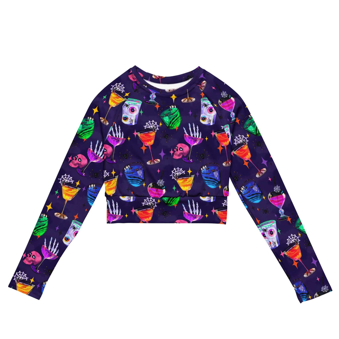 Vibrant Monster Party Long-sleeved Crop Top, perfect for eco-friendly athleisure and stylish comfort.