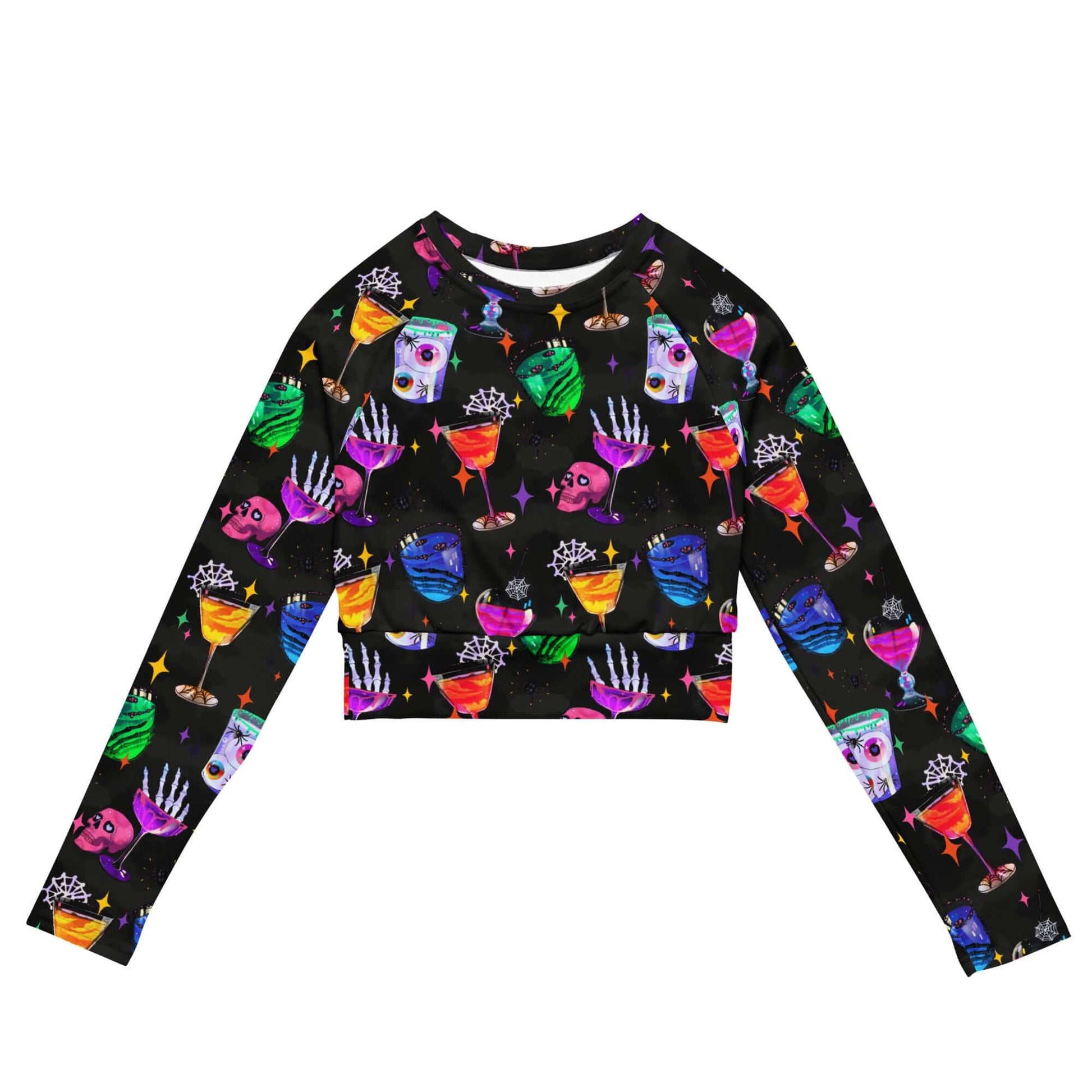 Colorful Monster Party Long-sleeved Crop Top features eco-friendly fabric, perfect for sports or athleisure.