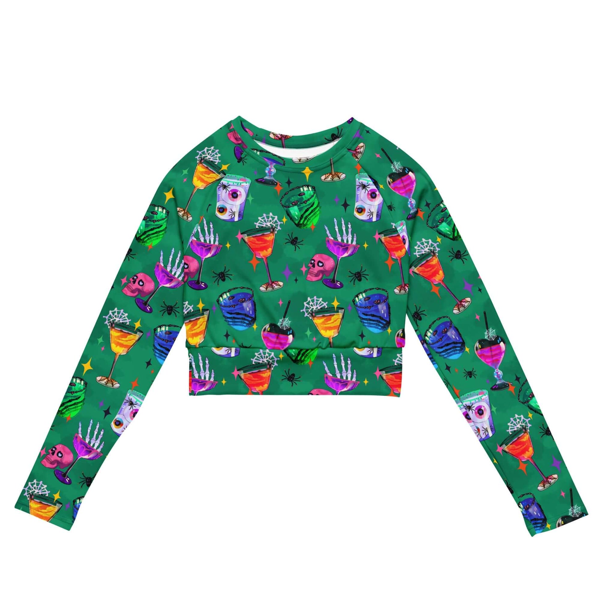 Bright and playful Monster Party Long-sleeved Crop Top, perfect for eco-friendly athleisure and sports outfits.