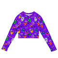 Vibrant Monster Party Long-sleeved Crop Top in purple, perfect for eco-friendly athleisure and sports wear.