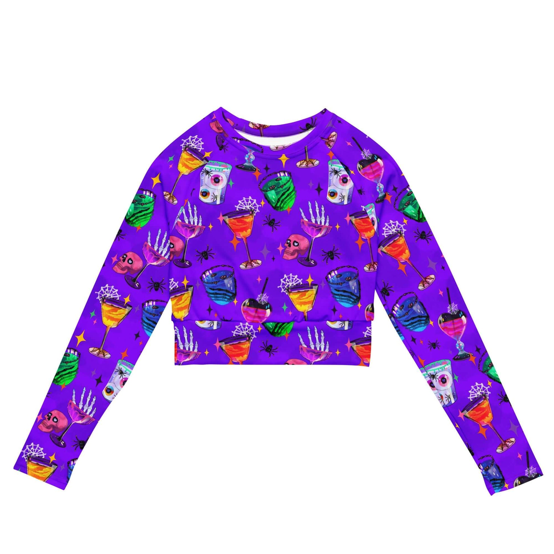 Vibrant Monster Party Long-sleeved Crop Top in purple, perfect for eco-friendly athleisure and sports wear.