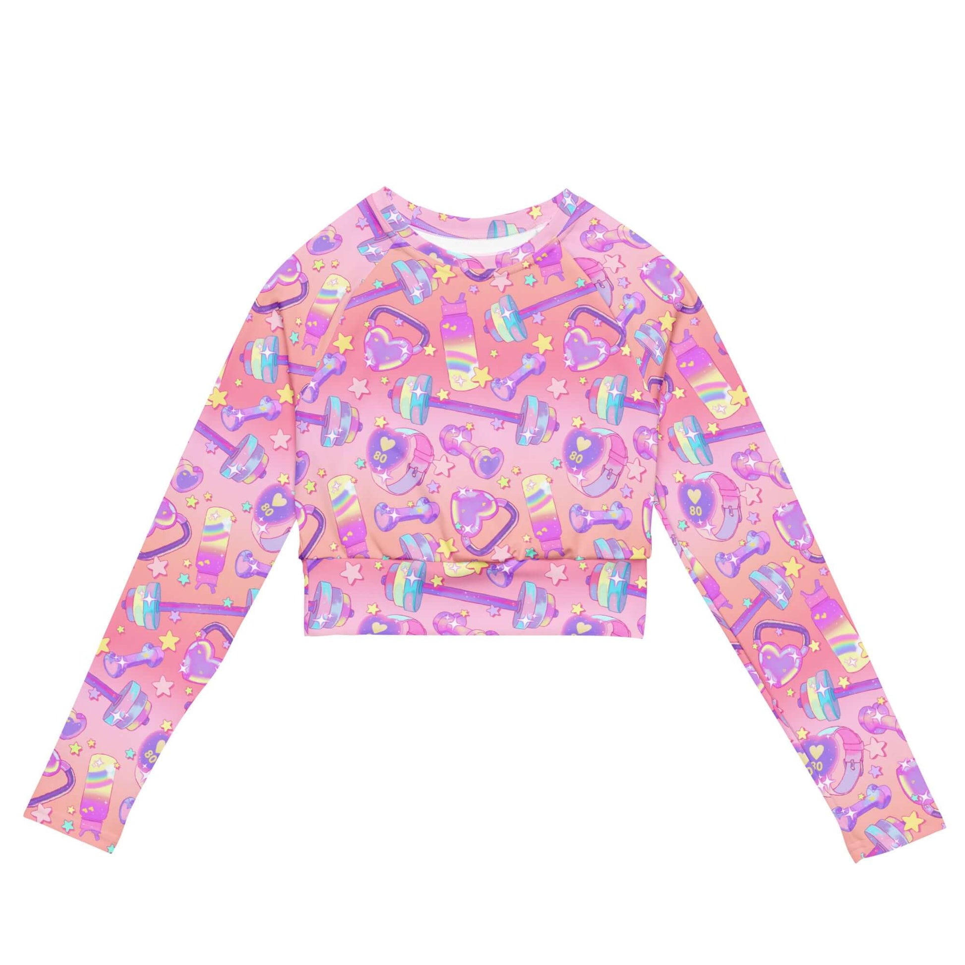 Glitter Gains Long-sleeved Crop Top features a fun pattern, perfect for eco-friendly athleisure and sports activities.