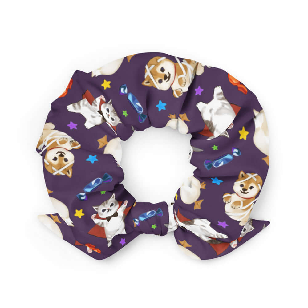 Adorable Trick or Treaters Scrunchie, perfect for Halloween outfits, featuring cute pets and vibrant colors. Get yours now!