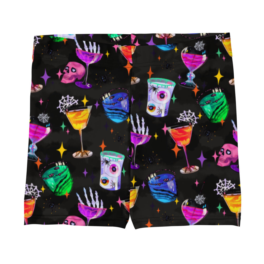 Freaky-fun Monster Party Shorts featuring vibrant drinks and skulls, perfect for workouts and casual wear.