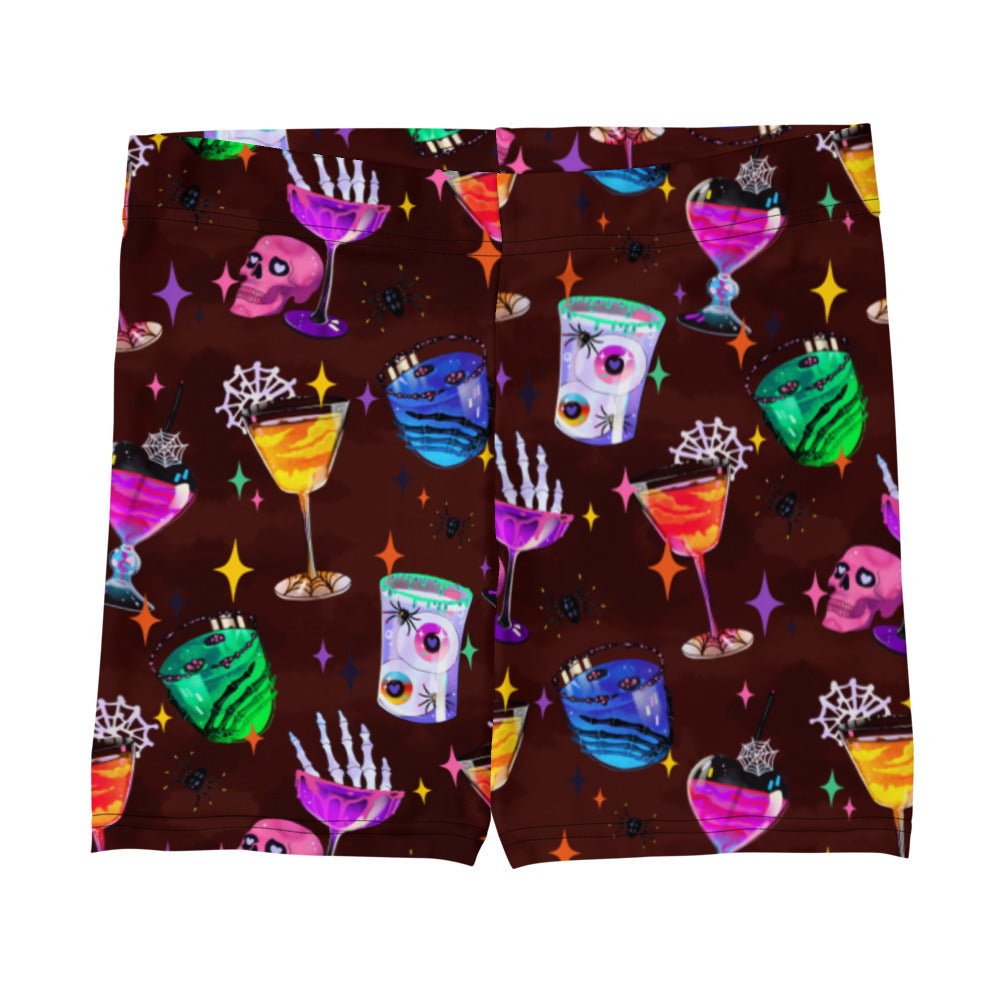 Freaky-fun Monster Party Shorts featuring vibrant drinks and skulls, perfect for workouts and staying stylish.