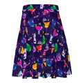 Flared Monster Party Skater Skirt featuring colorful Halloween prints, perfect for spooky style this season.