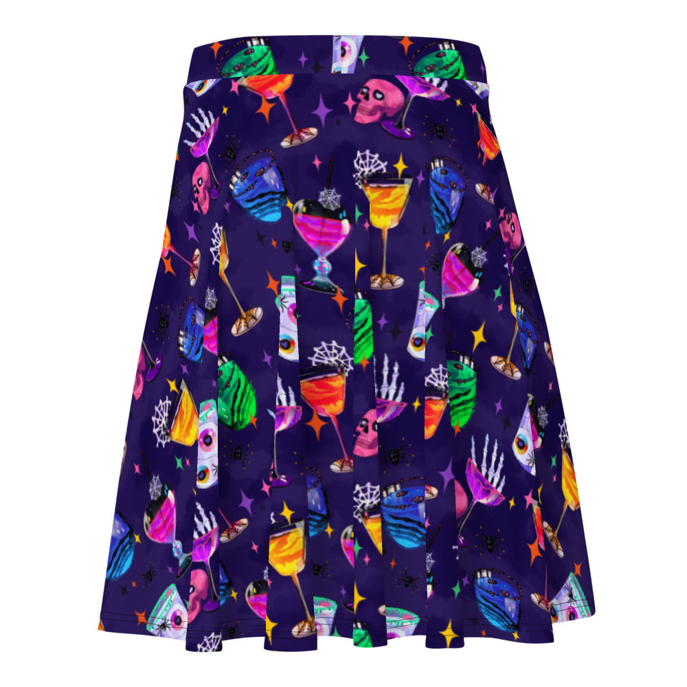 Flared Monster Party Skater Skirt featuring colorful Halloween prints, perfect for spooky style this season.
