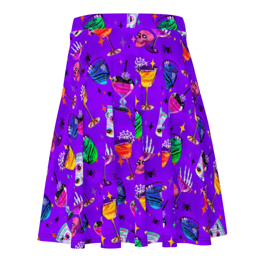 Colorful Monster Party Skater Skirt featuring spooky designs, perfect for Halloween fun and stylish flair.