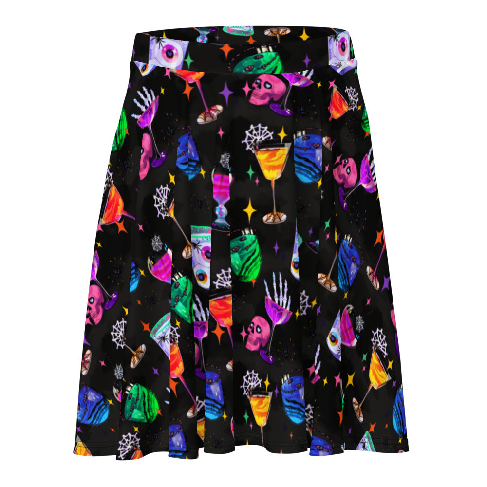 Stylish Monster Party Skater Skirt featuring vibrant spooky designs, perfect for Halloween festivities.