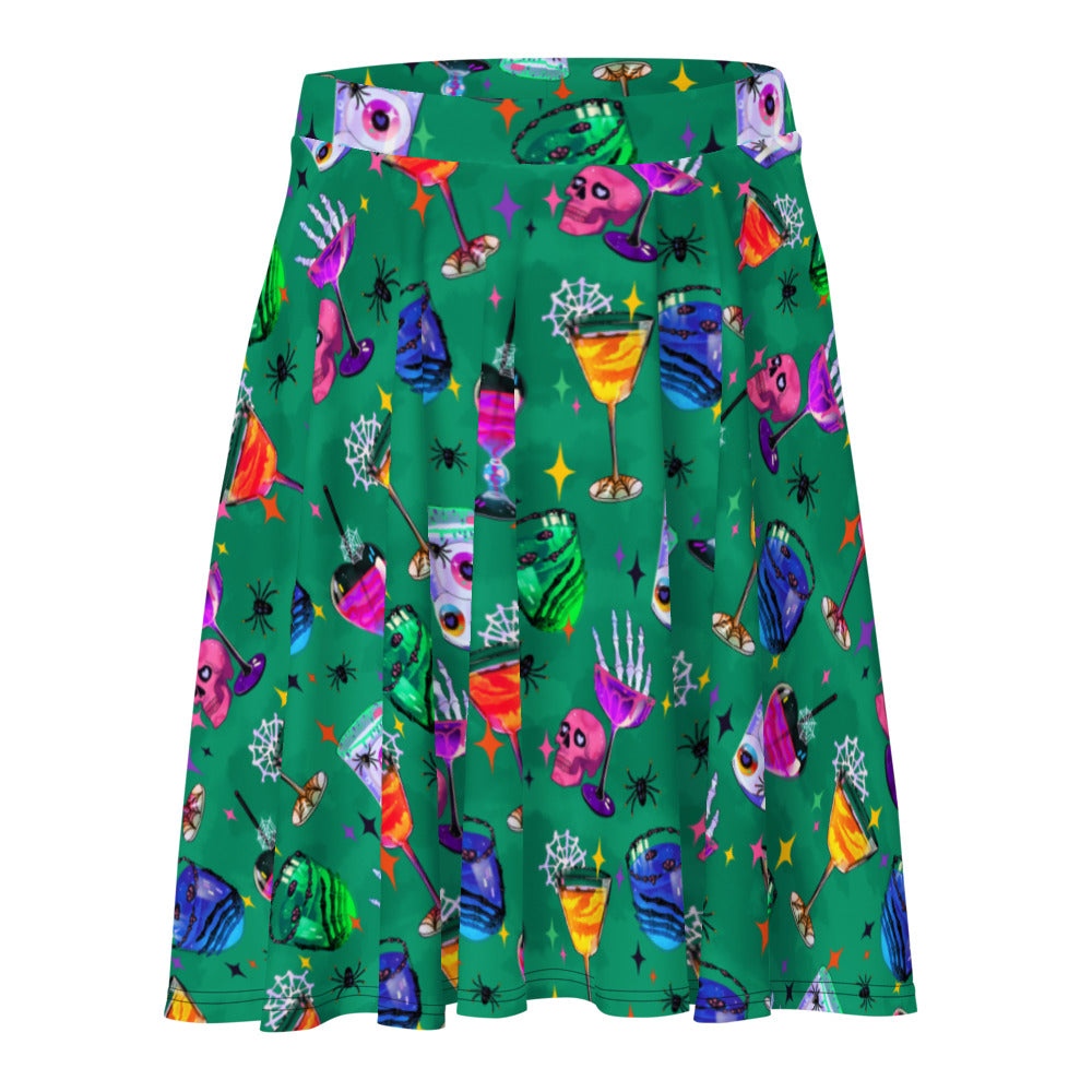 Bright and fun Monster Party Skater Skirt perfect for showcasing your spooky style this Halloween. Ideal for festive occasions!