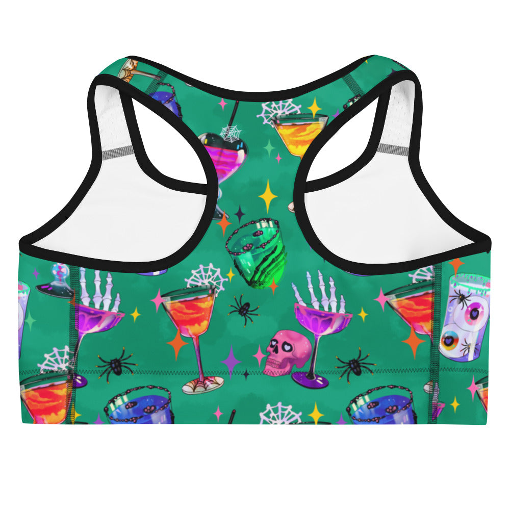 Stylish Monster Party Sports bra featuring colorful cocktail designs, perfect for workouts and spooky flair.