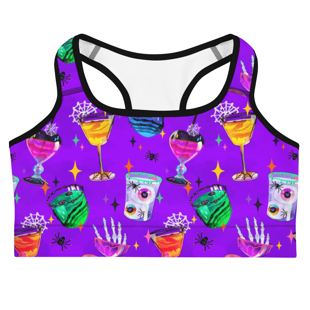 Get ready for Halloween workouts in the Monster Party Sports bra, featuring fun, spooky cocktail designs!