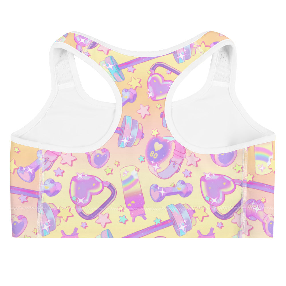 Glitter Gains Sports bra features a fun, colorful design perfect for HIIT workouts and stylish runs. Stay comfy and dry!