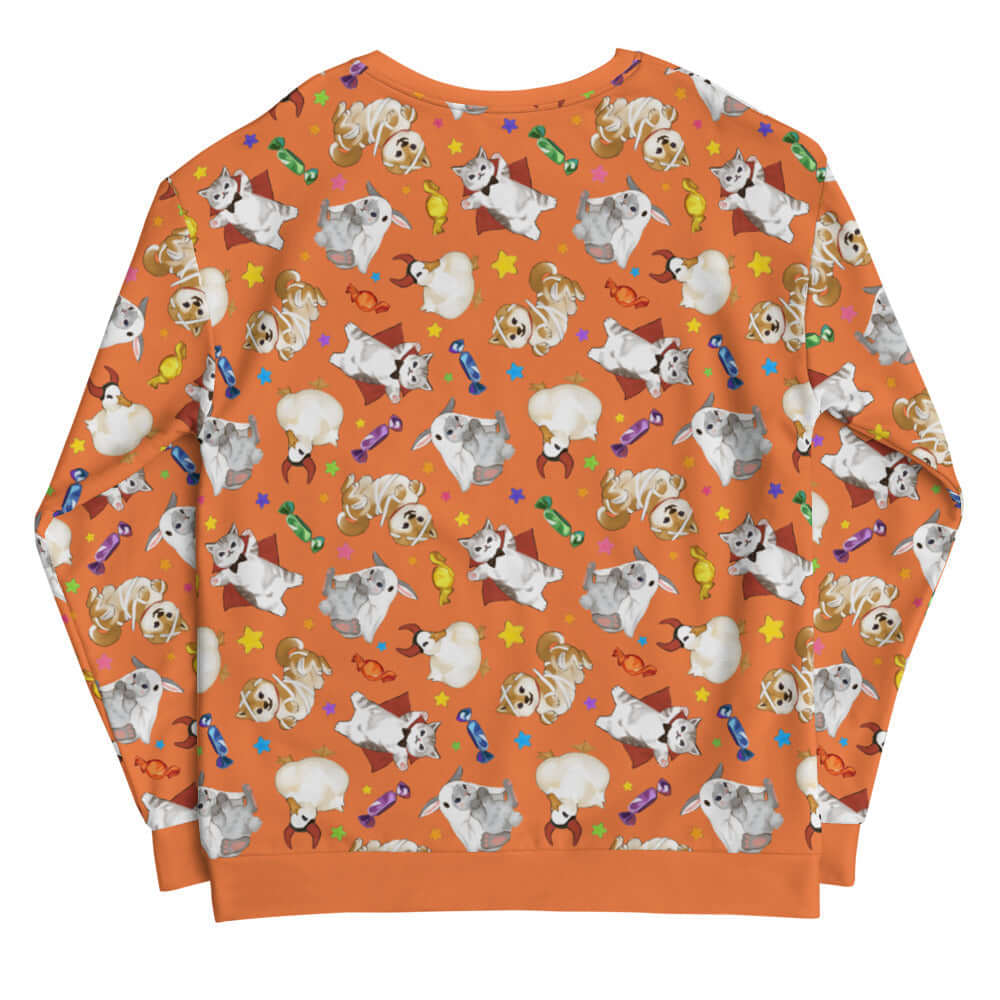 Bright orange Trick or Treaters Sweatshirt featuring playful animal designs, perfect for Halloween fun year-round!
