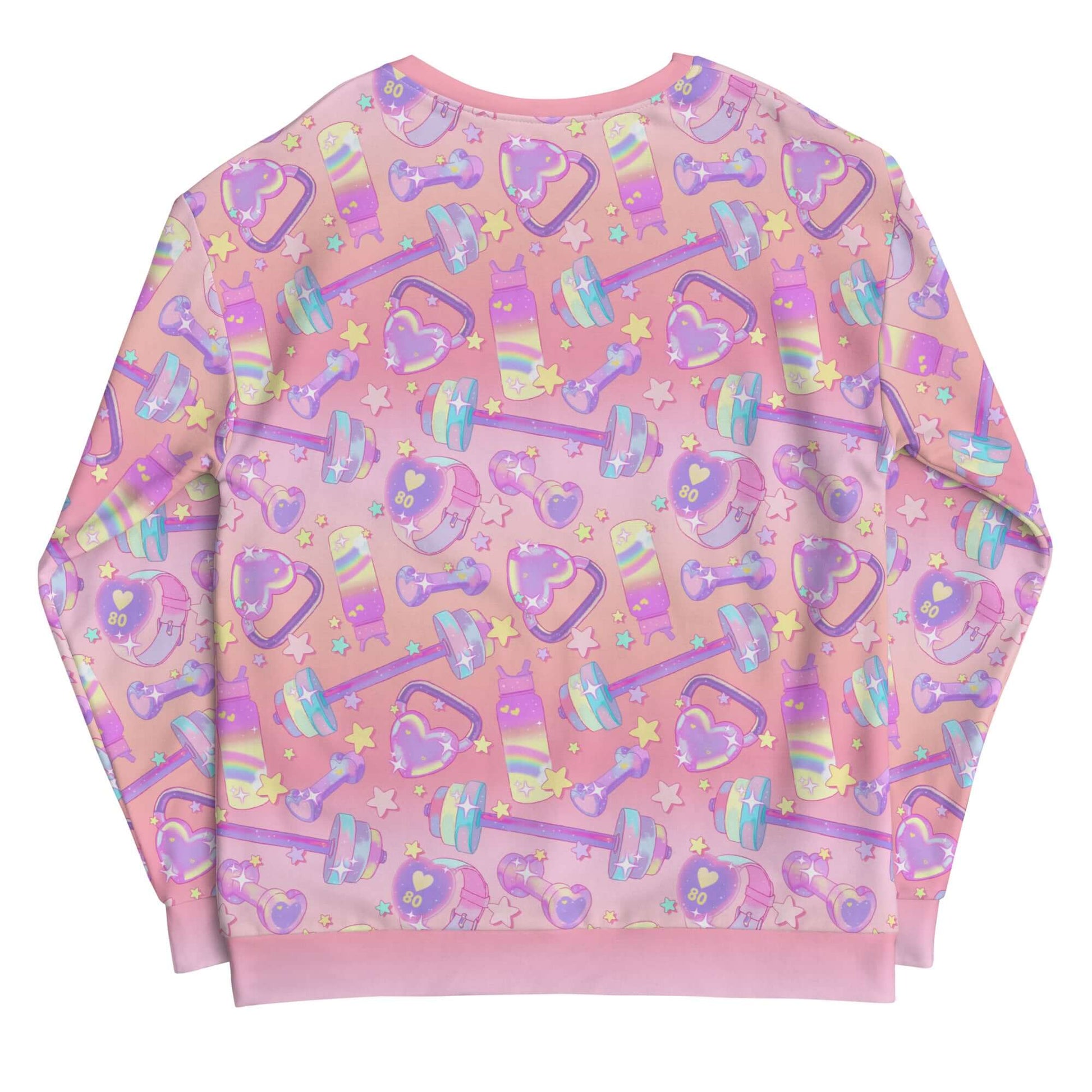 Bright and playful Glitter Gains Sweatshirt featuring dumbbells and stars, perfect for your kawaii workout style.
