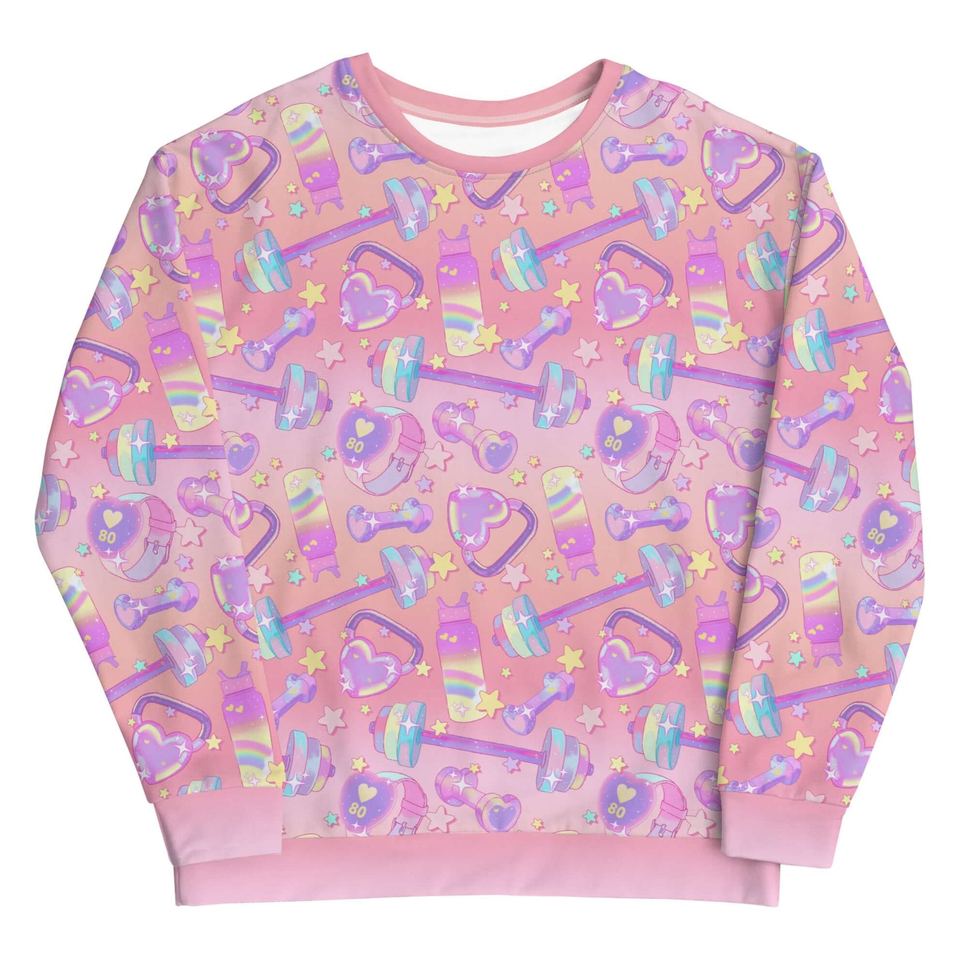 Bright and playful Glitter Gains Sweatshirt featuring a kawaii design, perfect for gym lovers and stylish workouts.