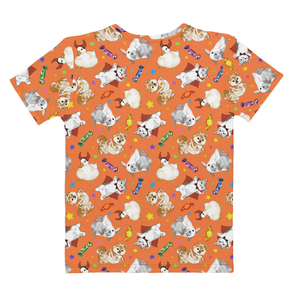 Bright orange Trick or Treaters T-shirt featuring playful designs, perfect for Halloween festivities all year round.