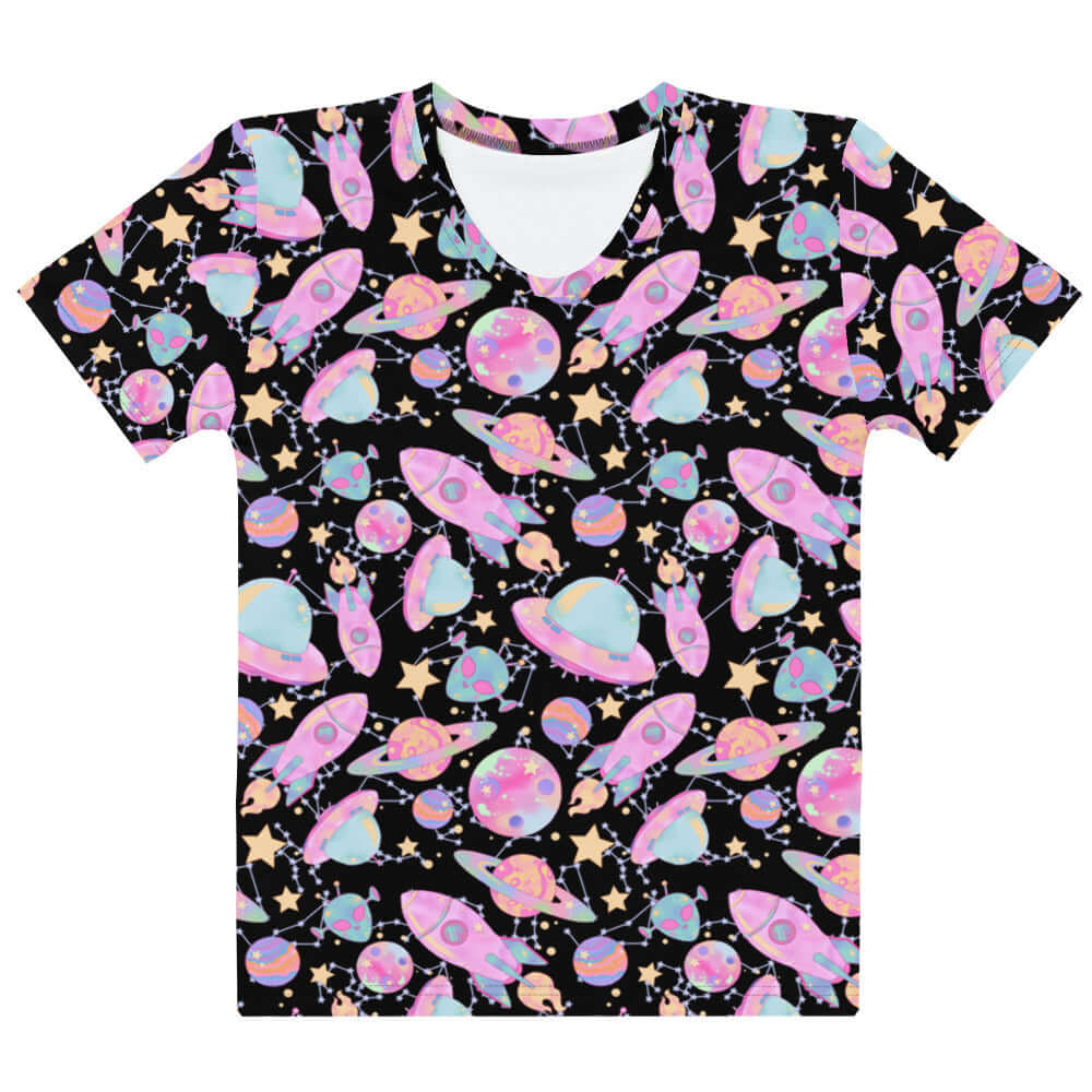 Colorful Space T-shirt featuring rockets and planets, perfect for casual outings. Soft, smooth fabric for comfort.