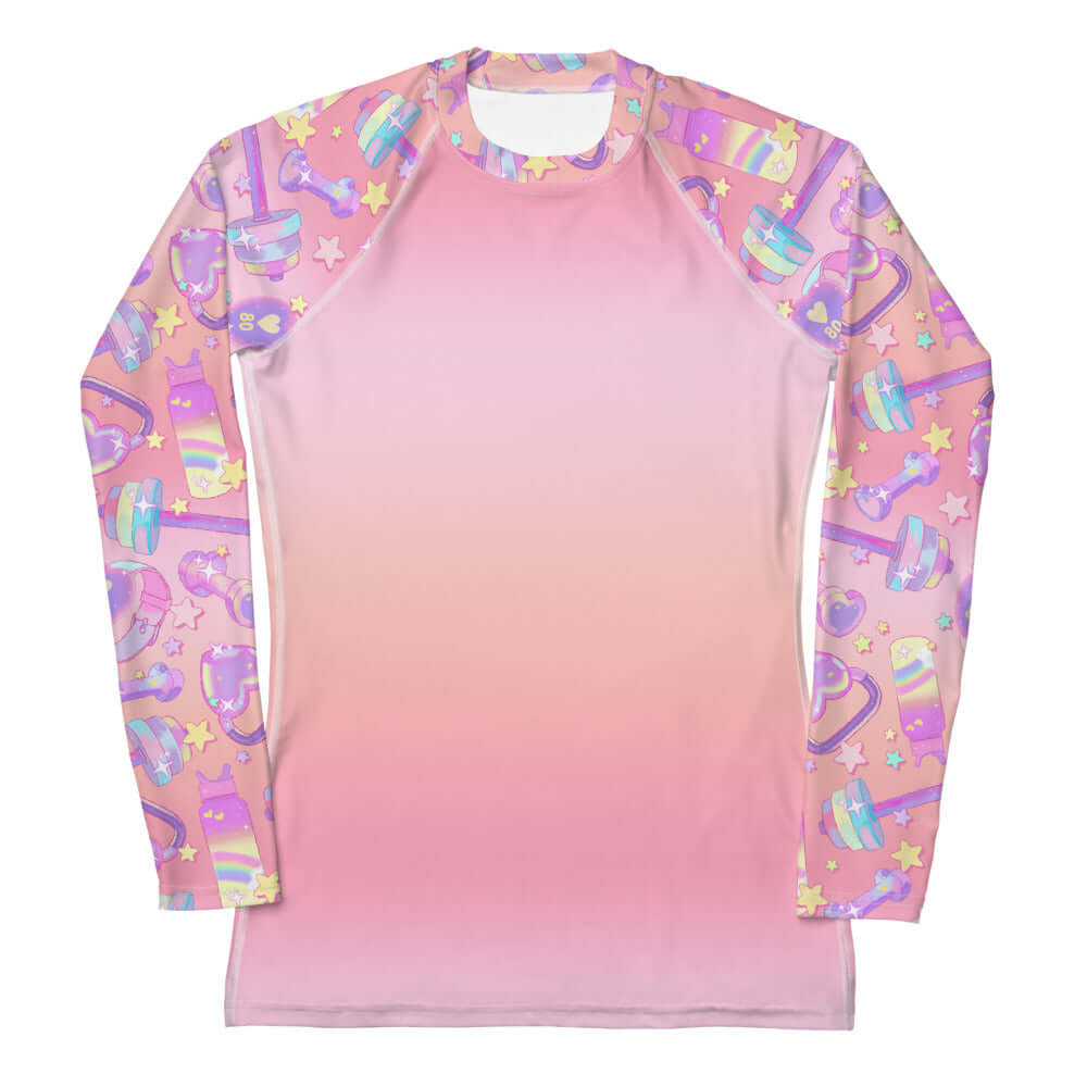 Glitter Gains Rash Guard features a stylish design, perfect for activewear, offering sun protection and comfort.