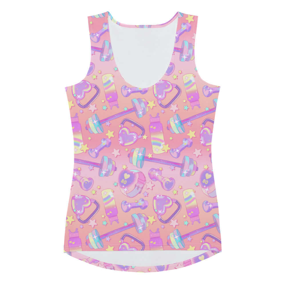 Stylish Glitter Gains Tank Top featuring vibrant gym-themed patterns, perfect for your workout wardrobe.