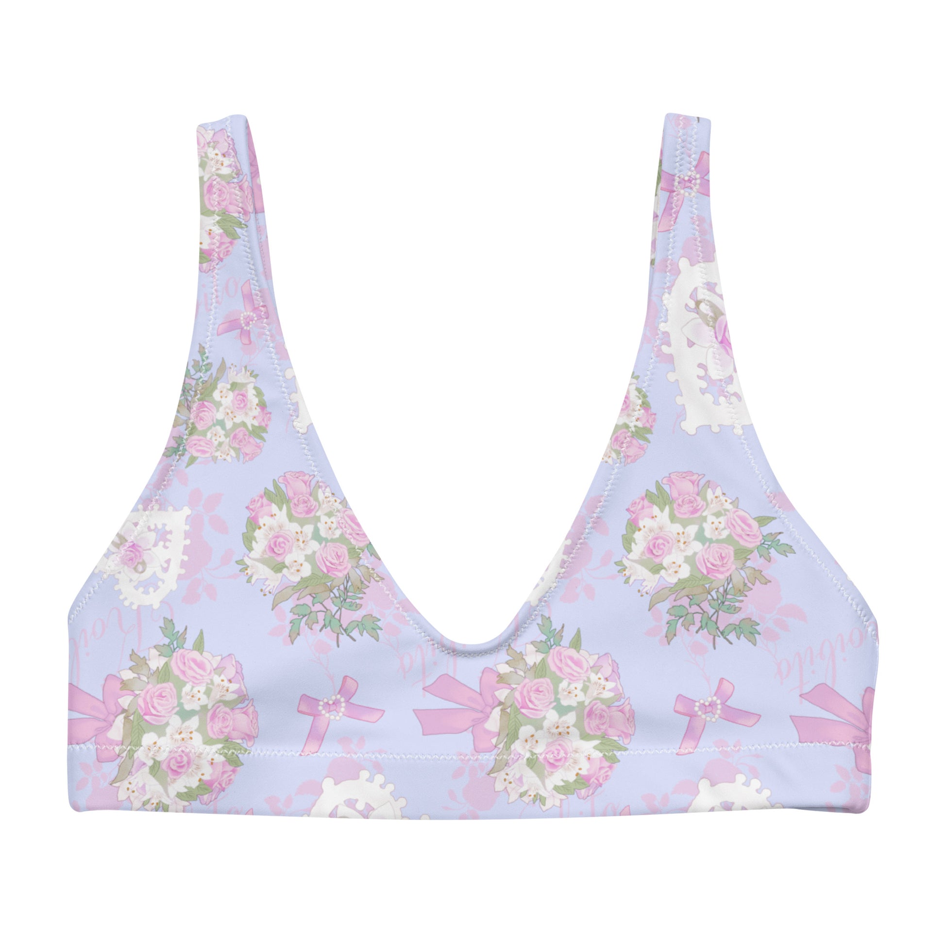 Anniversary Padded Bikini Top in pastel blue with floral prints, perfect for stylish summer looks and mix-and-match options.