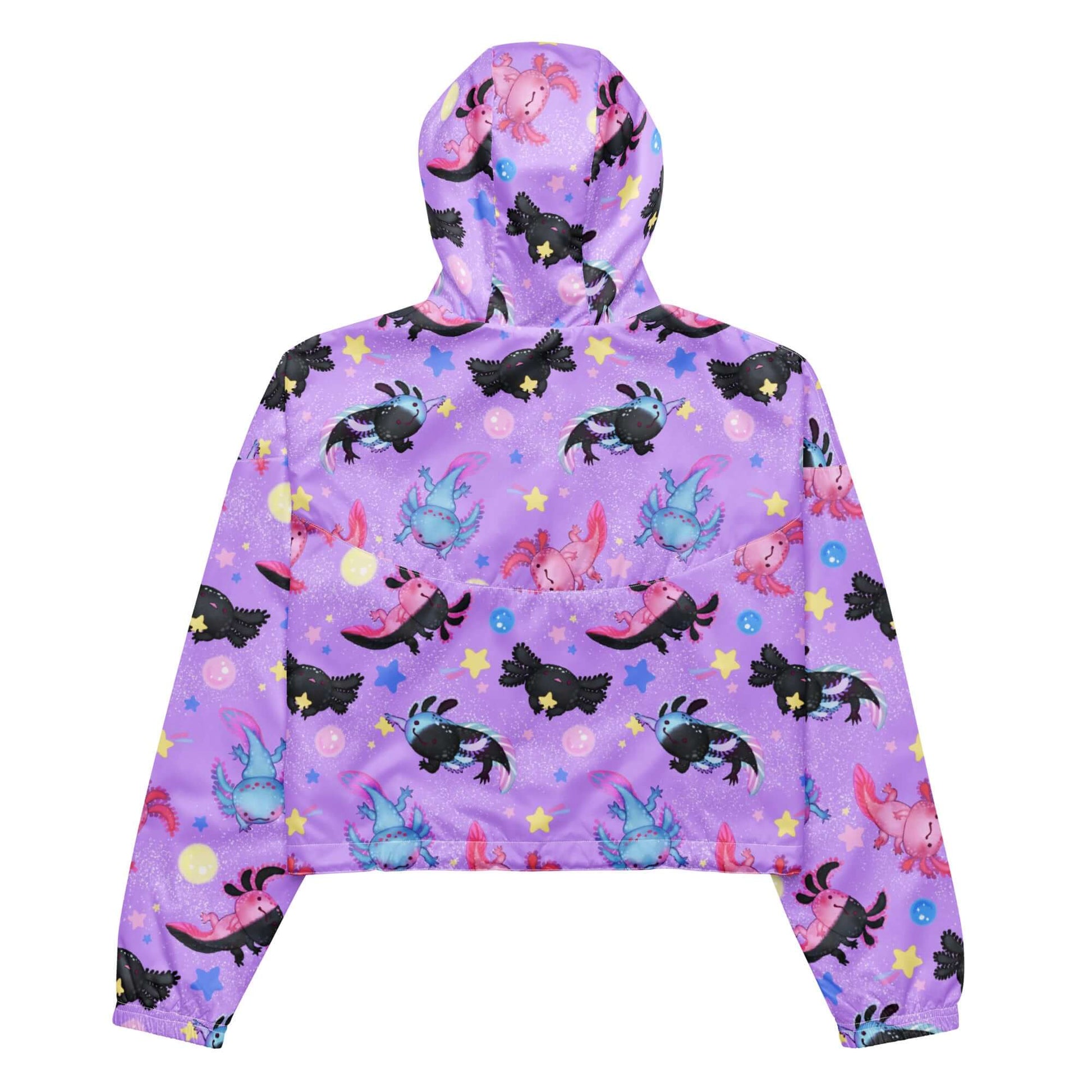 Lightweight and waterproof, the Axolotl cropped windbreaker features fun designs and adjustable drawcords for hiking.