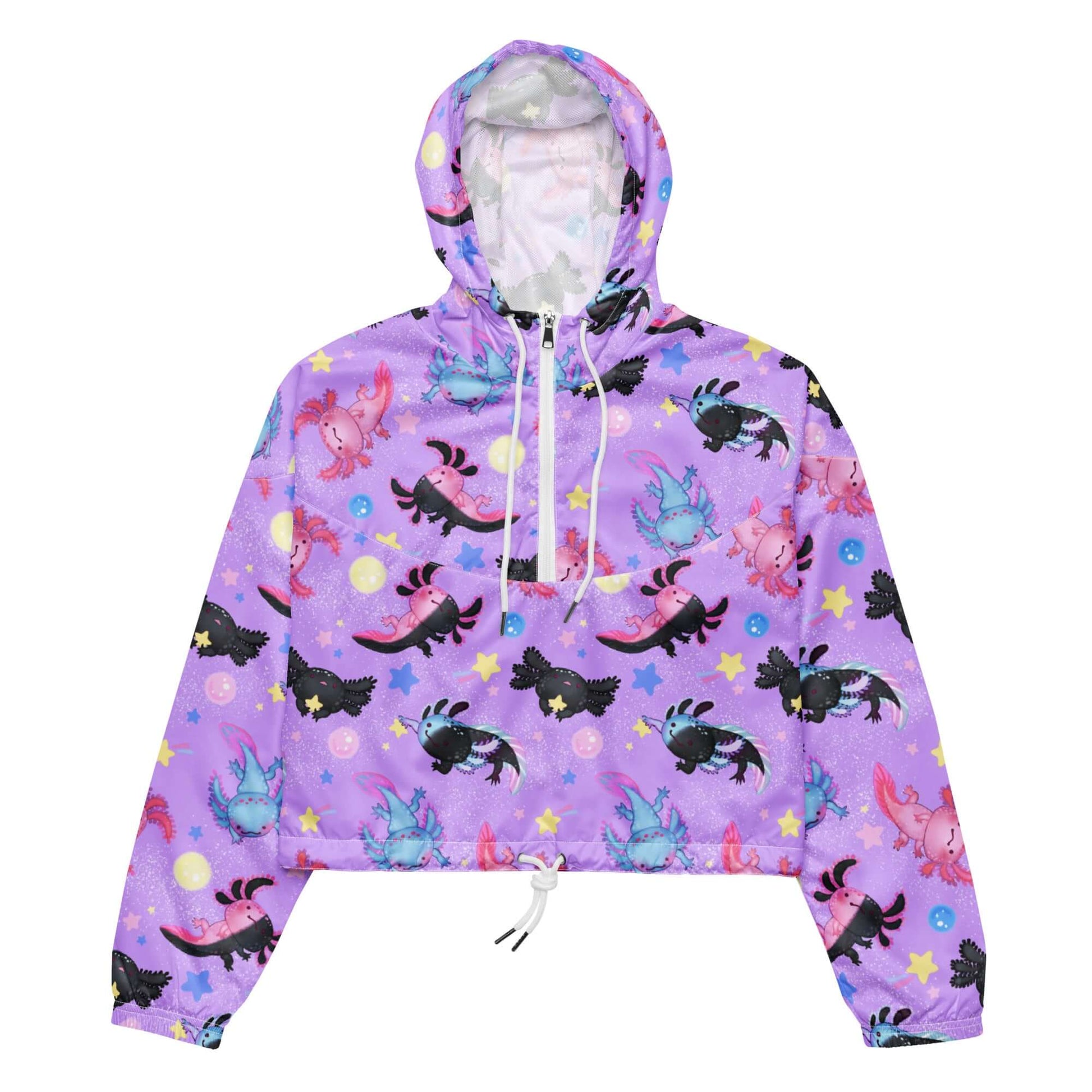 Bright and playful Axolotl cropped windbreaker, perfect for hiking adventures with waterproof features and stylish design.