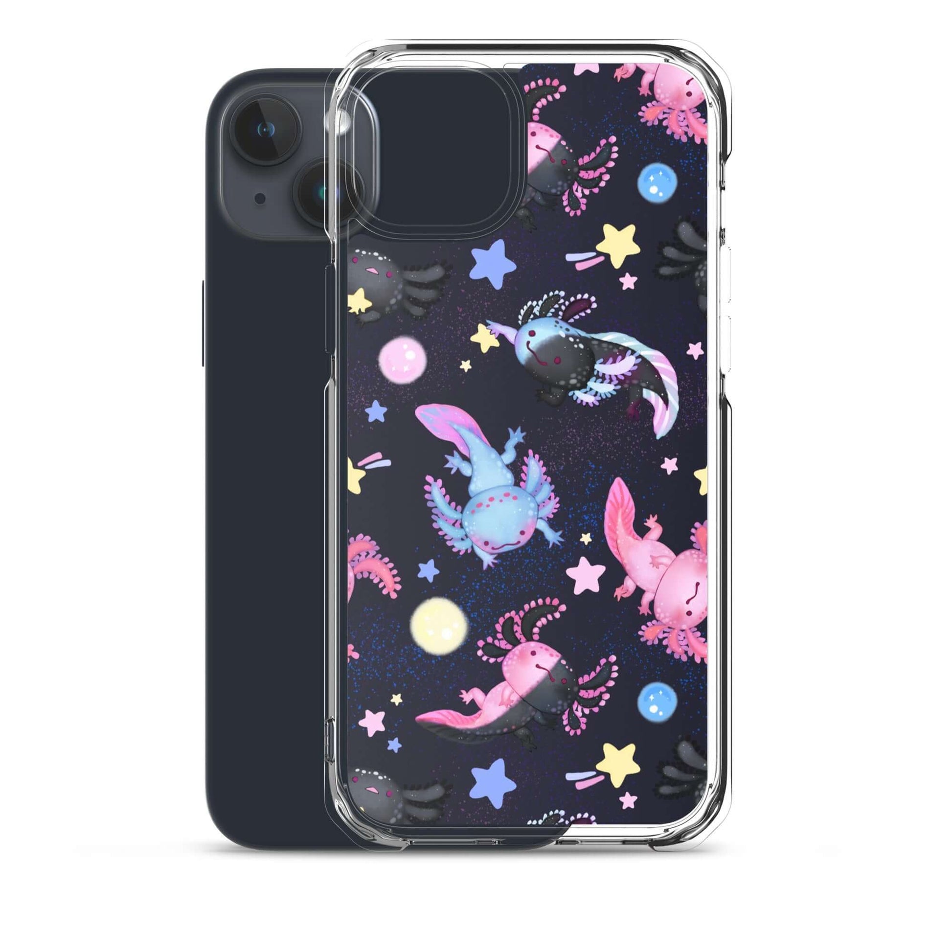 Sleek Axolotl iPhone® Clear Case featuring vibrant designs, protecting against scratches and dirt effortlessly.