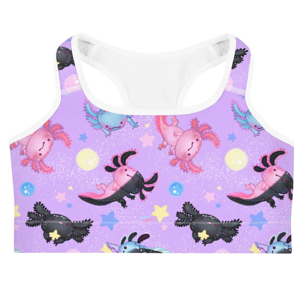 Colorful Axolotl Sports bra featuring moisture-wicking material, ideal for low to medium intensity workouts.