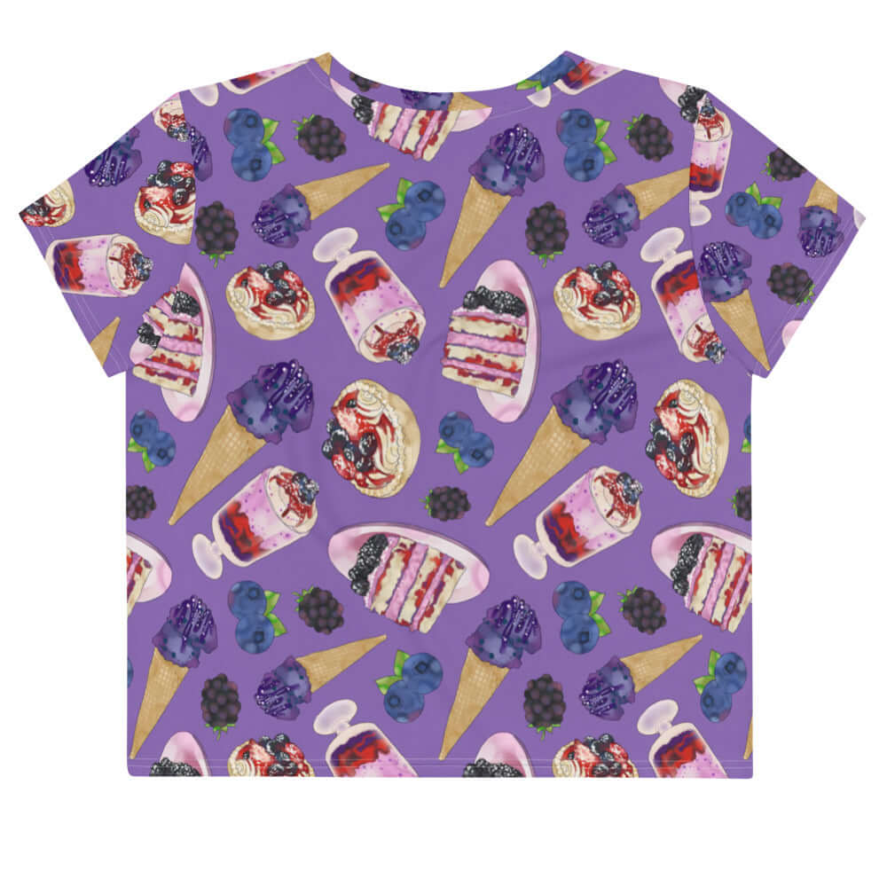 Violet Berry Crop Top featuring a fun dessert print, perfect for making a statement in summer outfits.