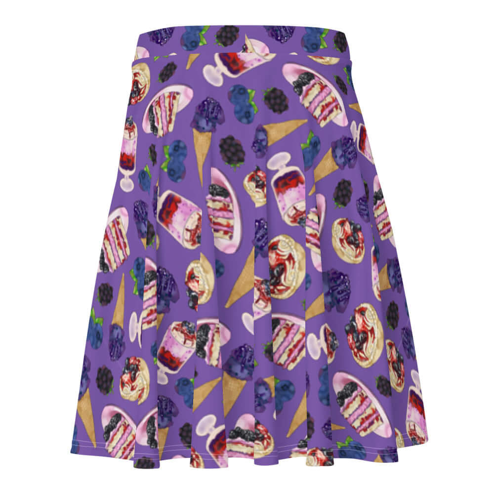Vibrant Berry Skater Skirt features a fun dessert print, perfect for summer outfits and all body types.