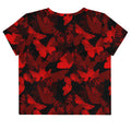 Bright and stylish Butterfly Crop Top featuring a vibrant red and black butterfly print, perfect for a trendy outfit.