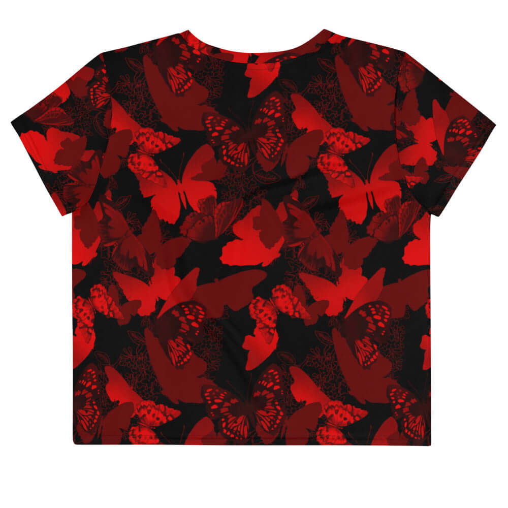 Bright and stylish Butterfly Crop Top featuring a vibrant red and black butterfly print, perfect for a trendy outfit.