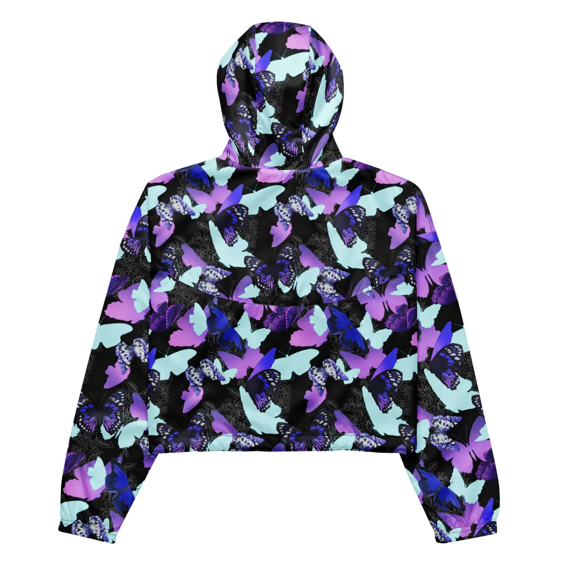 Lightweight and stylish, the Butterfly cropped windbreaker features vibrant patterns, perfect for any adventure.