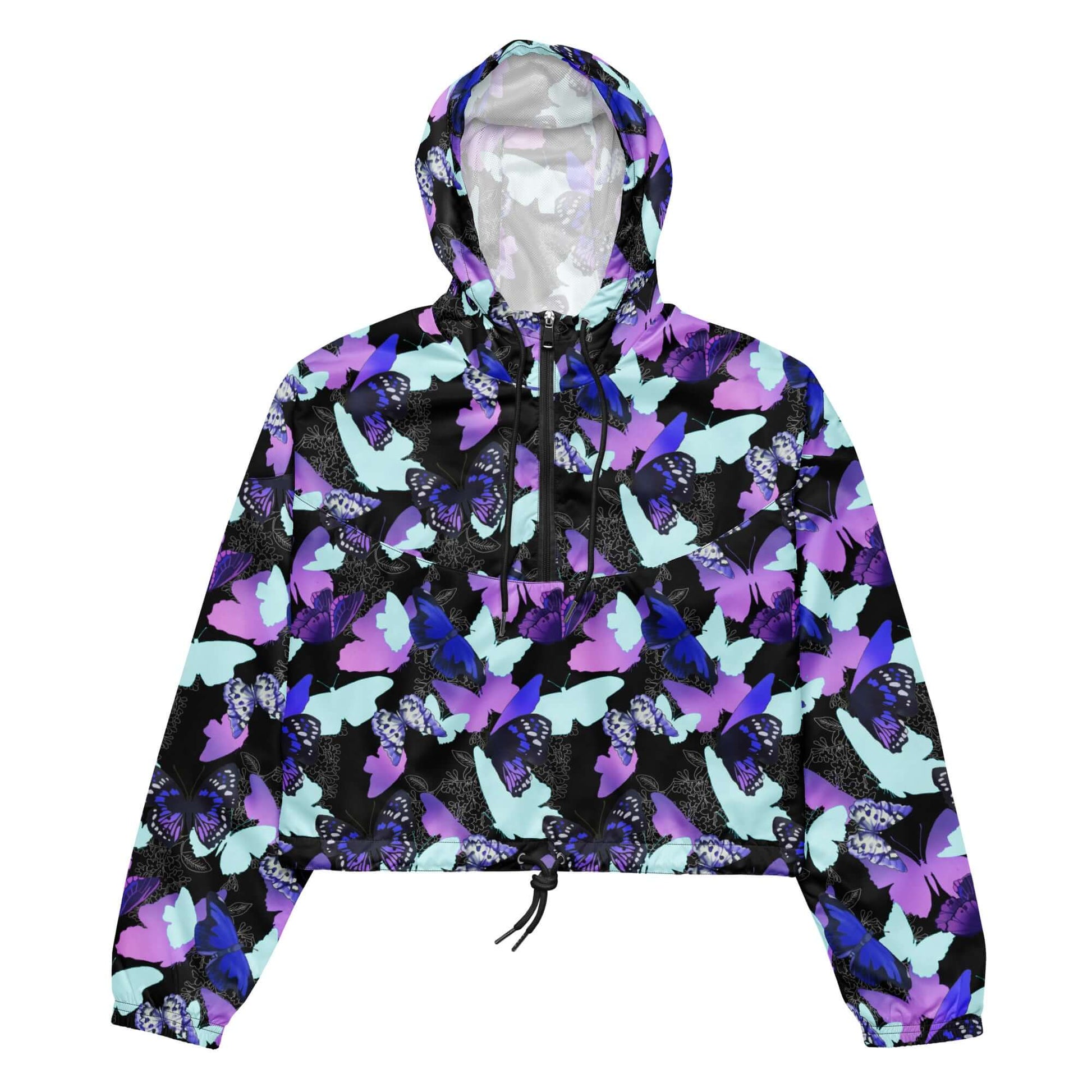 Vibrant Butterfly cropped windbreaker featuring a lightweight, waterproof design perfect for outdoor adventures.