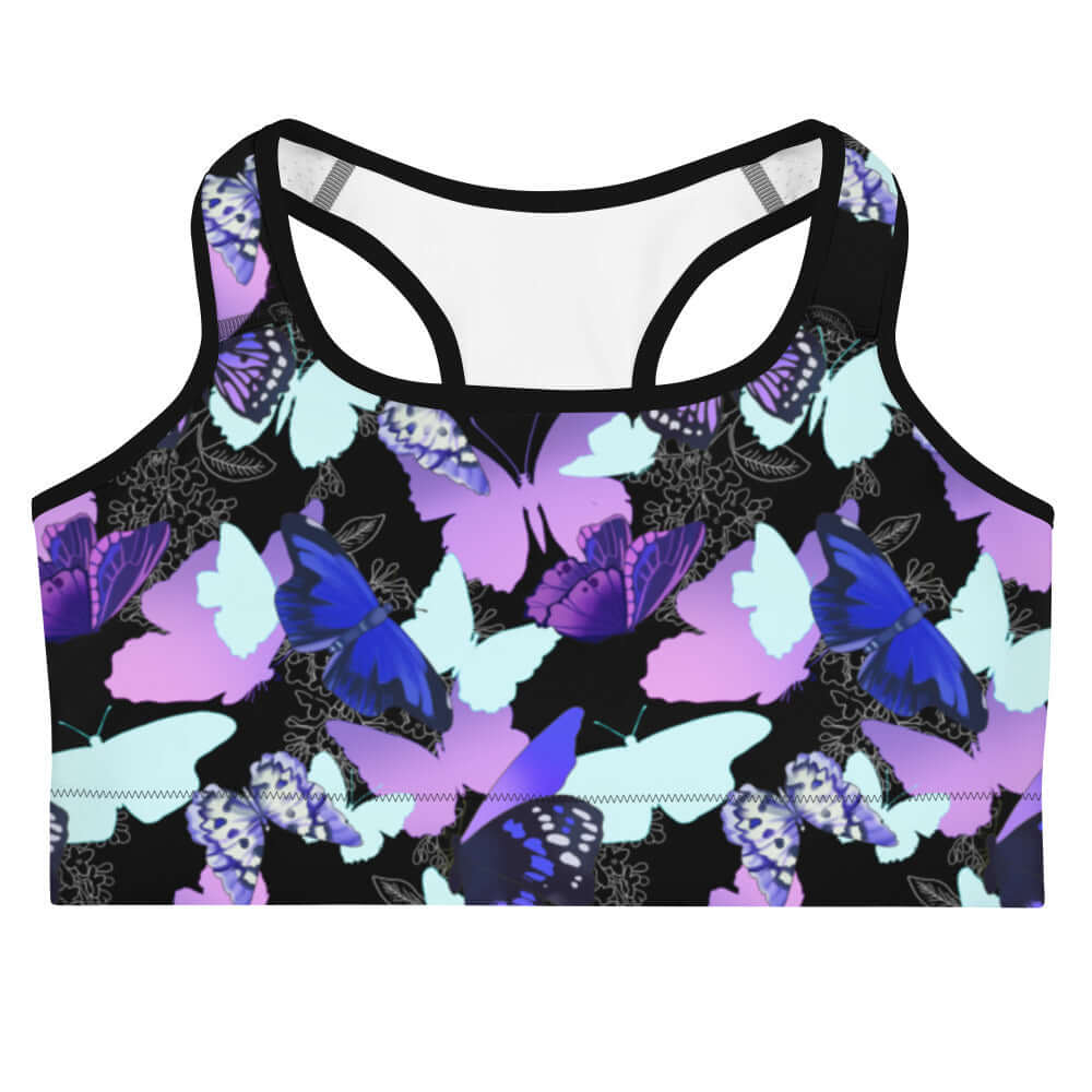 Stylish Butterfly Sports bra featuring vibrant butterfly patterns, perfect for staying dry during workouts.