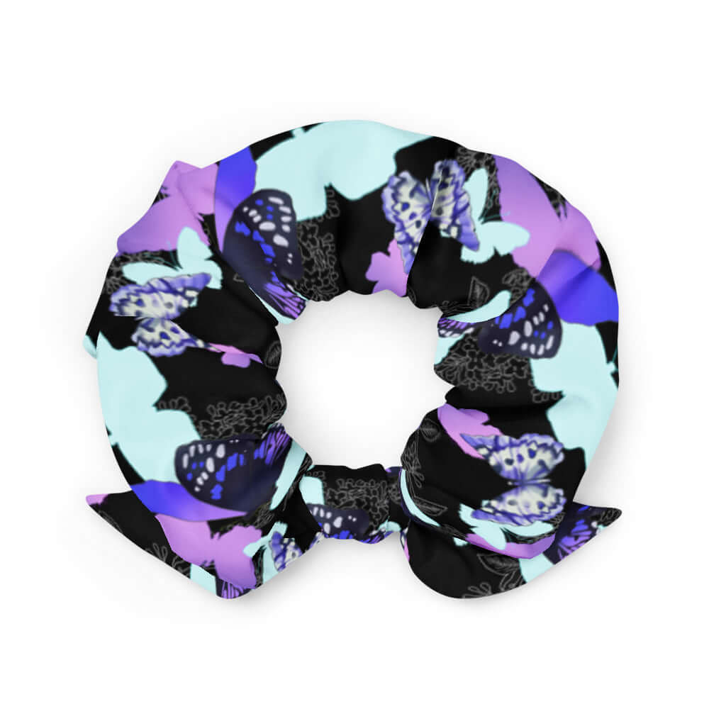 Colorful Butterfly Scrunchie featuring vibrant butterfly prints to accessorize your hair stylishly. Perfect for any outfit!