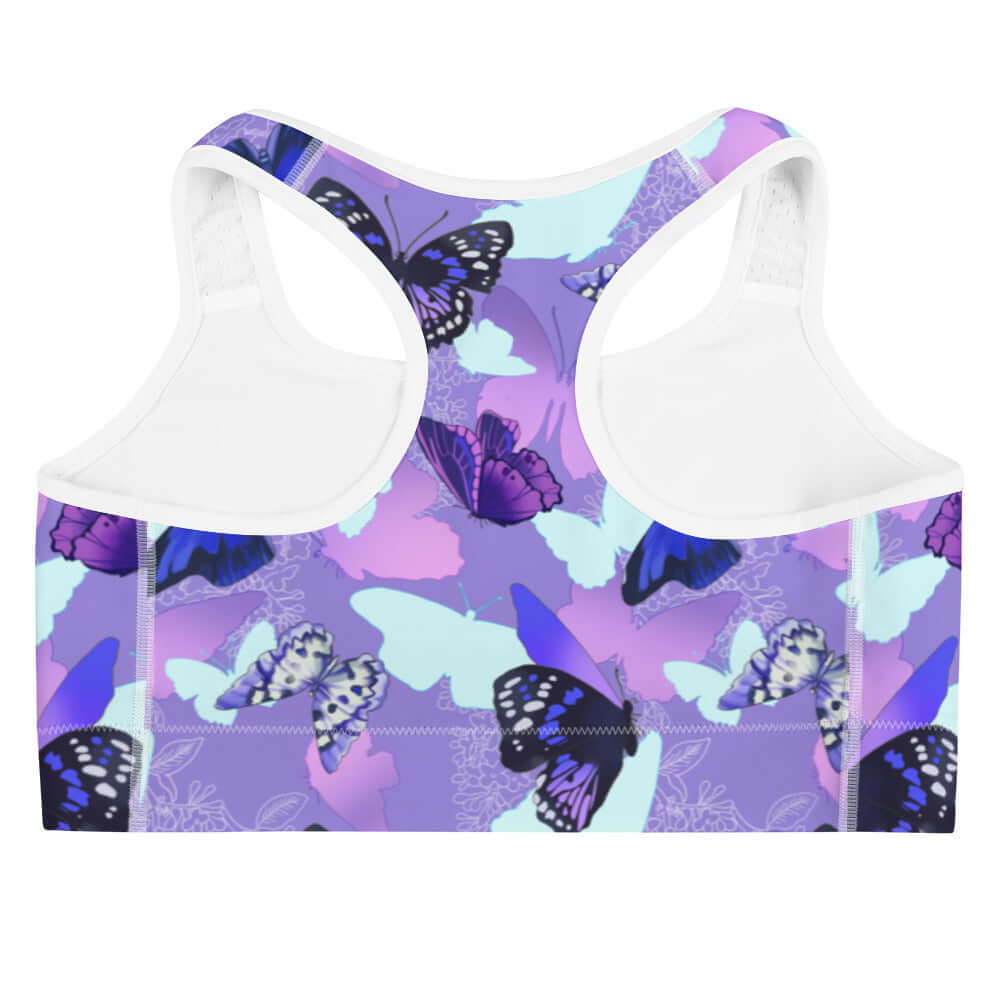 Stylish Butterfly Sports bra featuring vibrant butterfly patterns, perfect for workouts and staying dry.