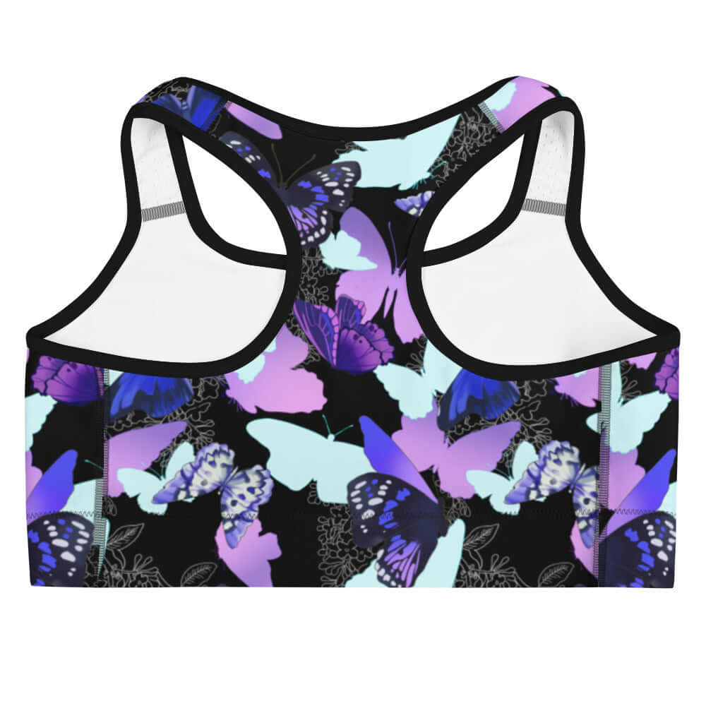 Stylish Butterfly Sports bra with vibrant butterfly print, perfect for staying dry during workouts. Look great while exercising!