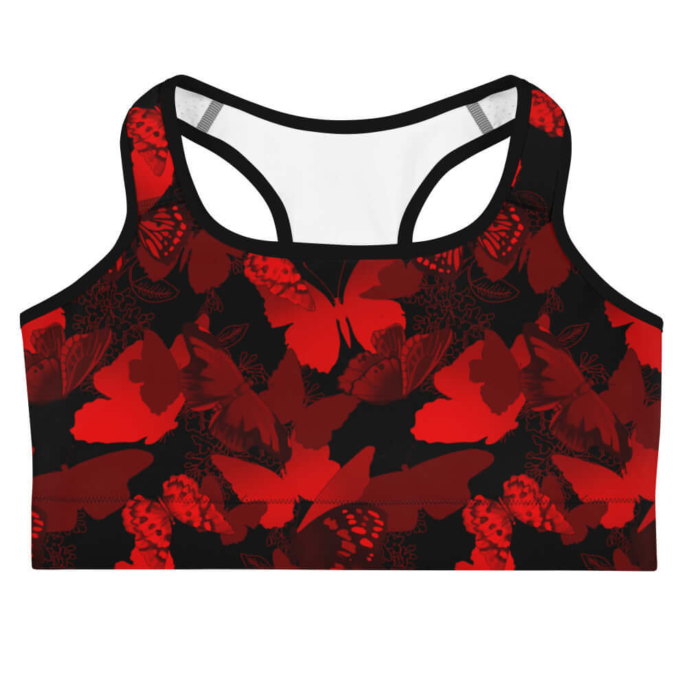Stylish Butterfly Sports bra featuring a vibrant red and black butterfly design, perfect for your workouts.