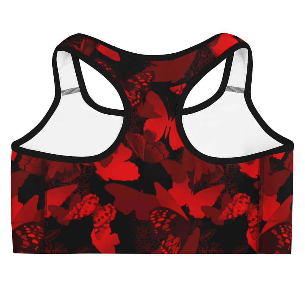 Stylish Butterfly Sports bra featuring a vibrant red and black butterfly print, perfect for your workout wardrobe.
